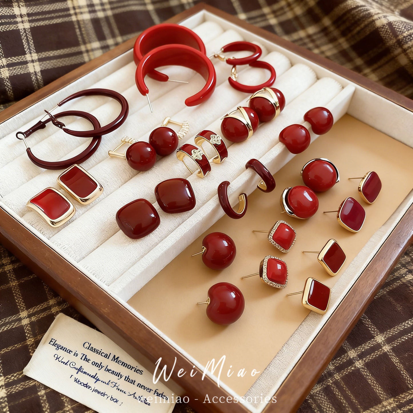 紅色琺瑯方形復古耳環－商品主圖｜https://igowo.tw/
