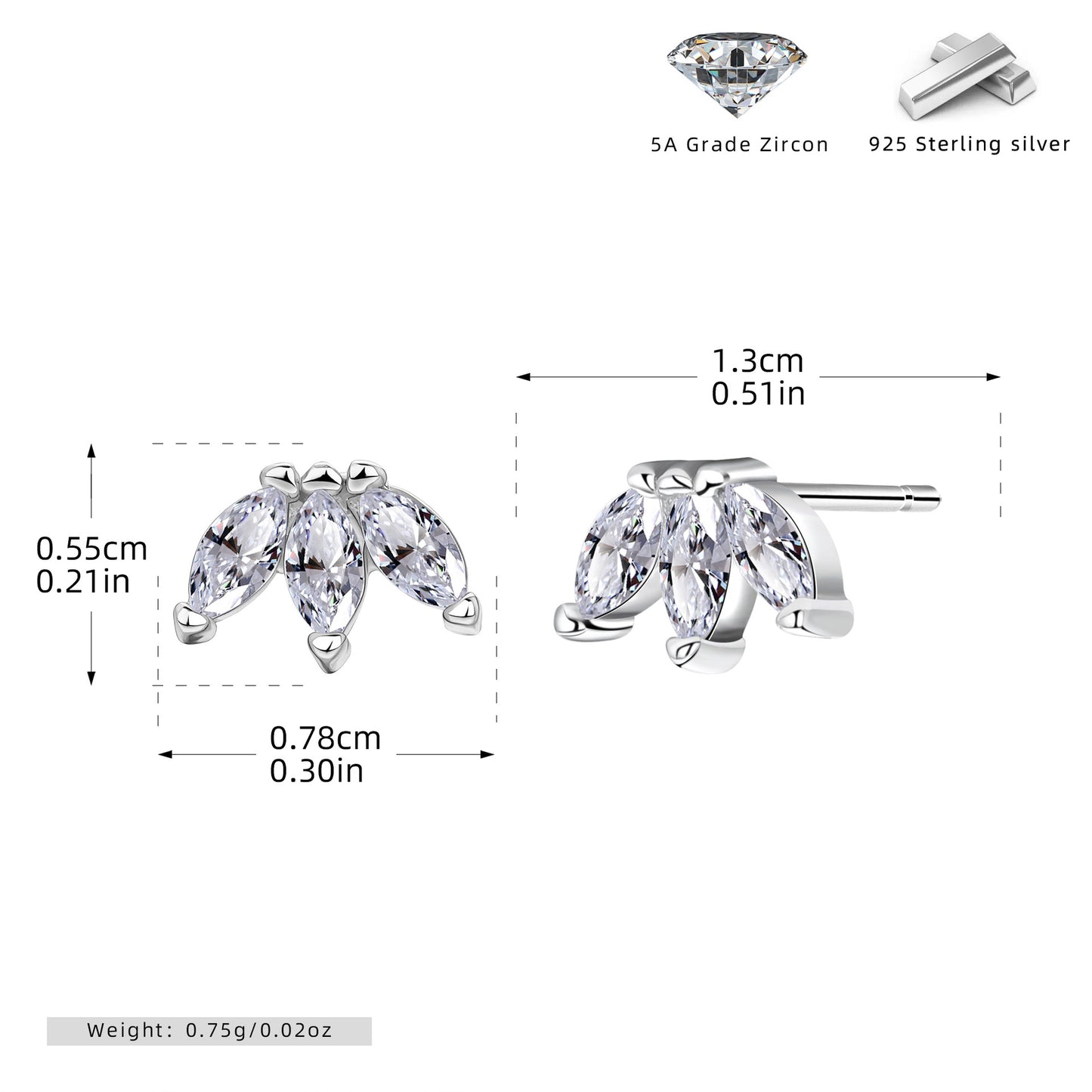 S925 耳釘鑲馬眼鋯石皇冠耳飾百搭小眾高級感飾品