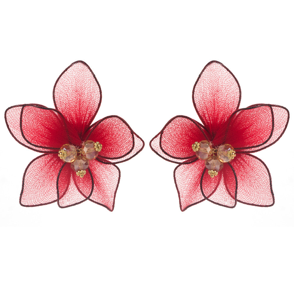 布面花朵雙層立體耳釘－紫色款細節3｜https://igowo.tw/