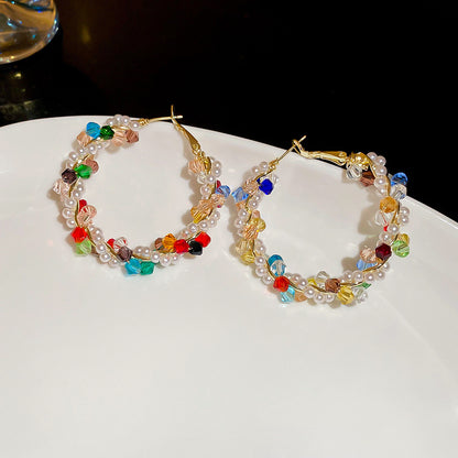銀針珍珠纏繞圓形耳圈多巴胺清新甜美耳環小眾高級感氣質耳飾批發