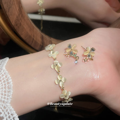 淡顏小花~貓眼石花朵蝴蝶耳釘手鏈套裝小清新輕奢高級感甜美飾品