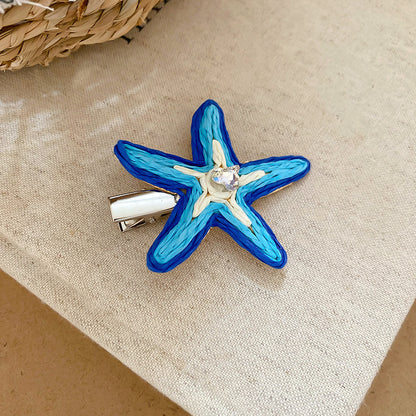 鑲鉆海星拉菲草發夾夏日沙灘海邊度假風鴨嘴夾碎發劉海側邊發飾女