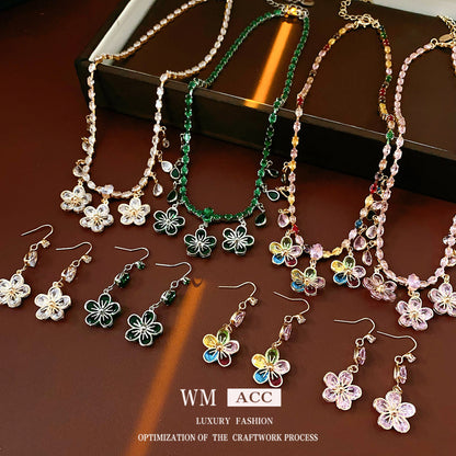 鋯石花朵項鍊耳環組－兩件套-綠色款細節1｜https://igowo.tw/