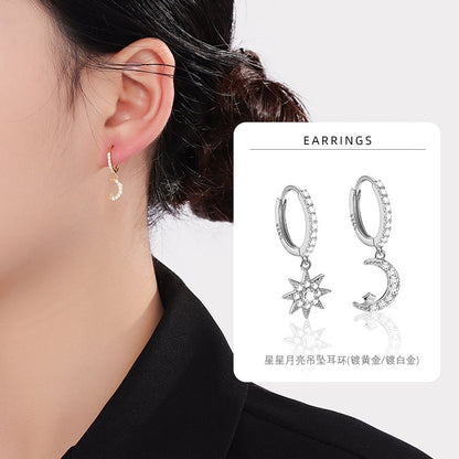 S925 鑲鑽不對稱星星月亮耳環女小眾設計個性獨特輕奢耳圈耳扣