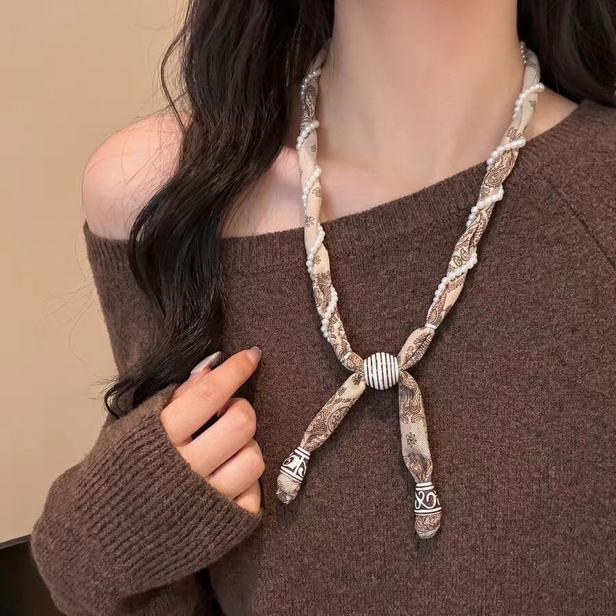 珍珠串珠纏繞項鍊－項鍊-棕色款細節｜https://igowo.tw/