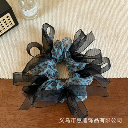 網紗蝴蝶結簡約髮圈－黑色豹紋款細節2｜https://igowo.tw/