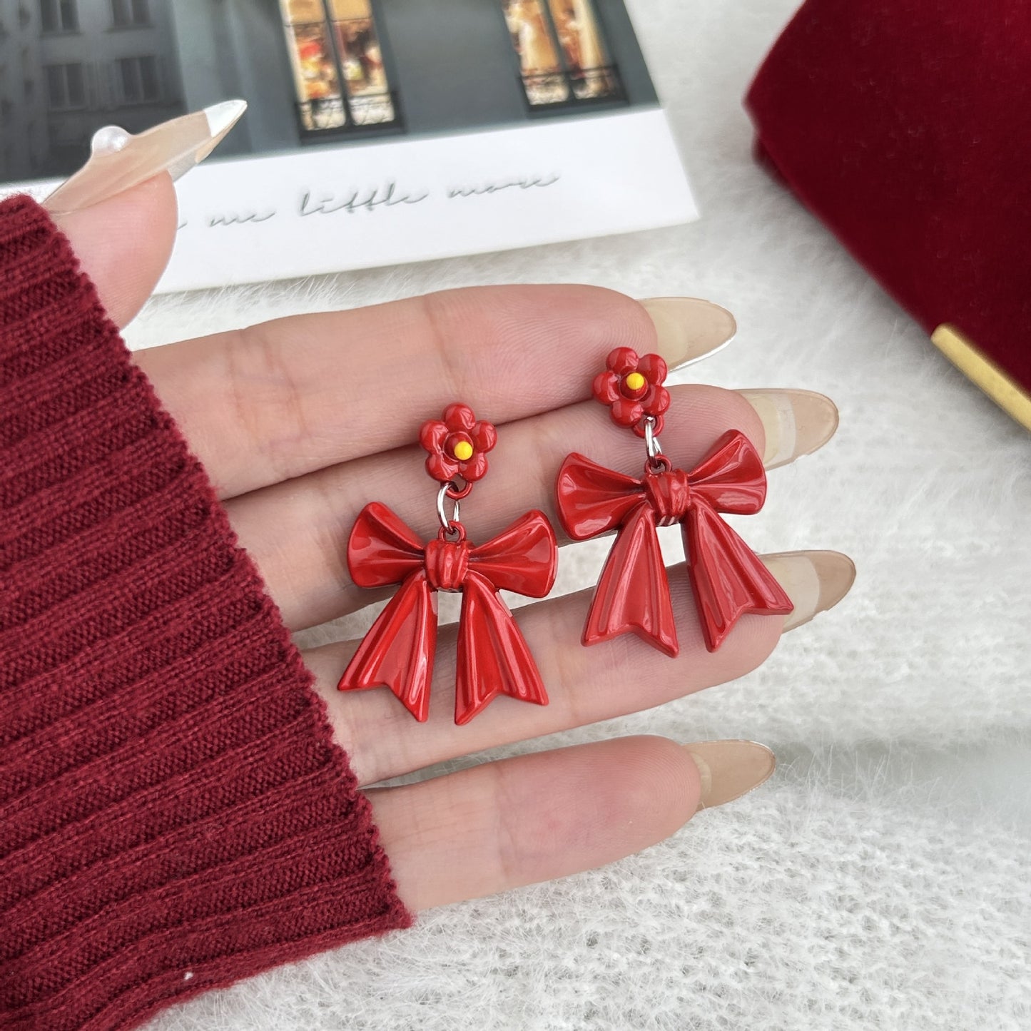 紅色銀針蝴蝶結耳釘