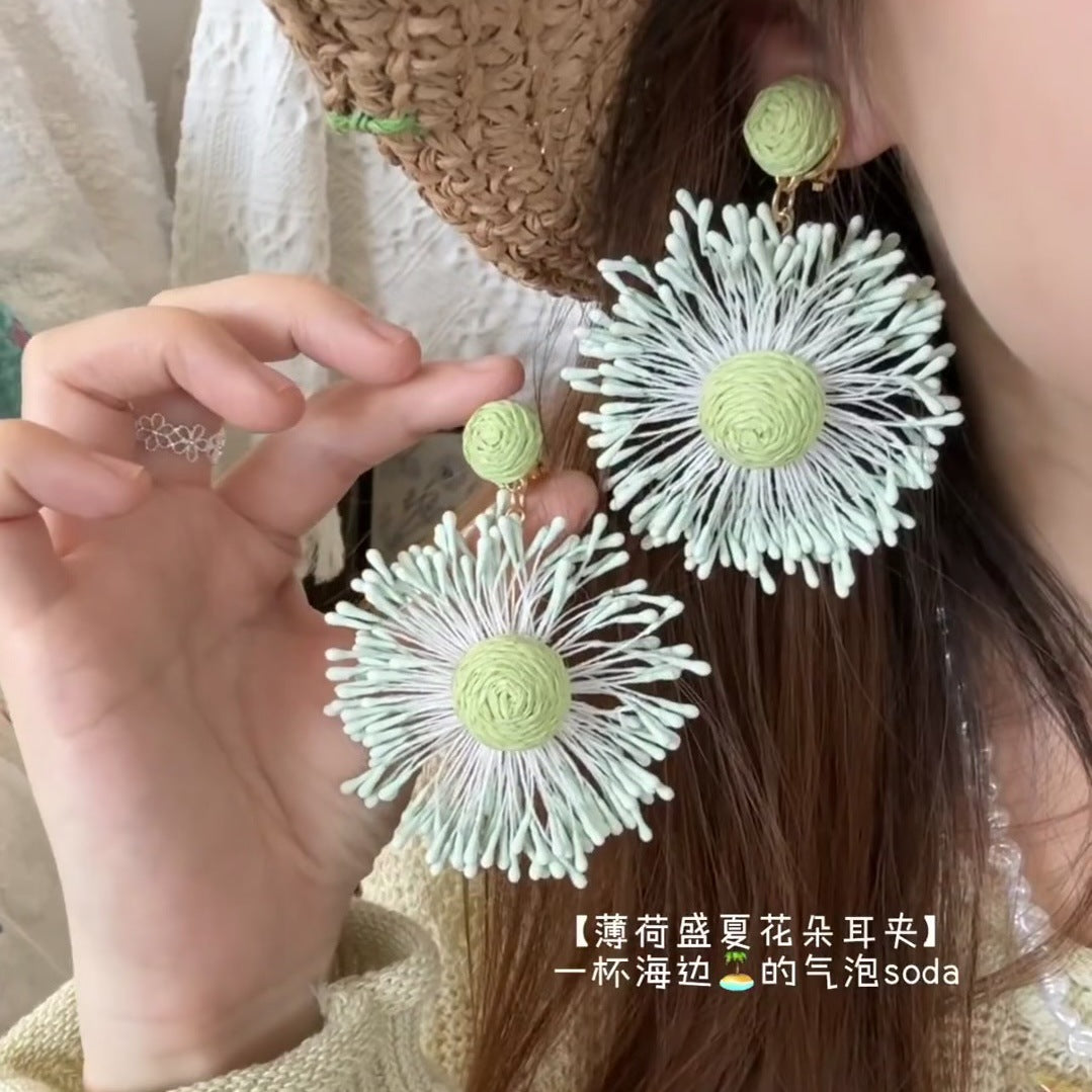 手工編織彩色花朵圓形耳釘多巴胺小清新度假風耳環輕奢高級感耳飾