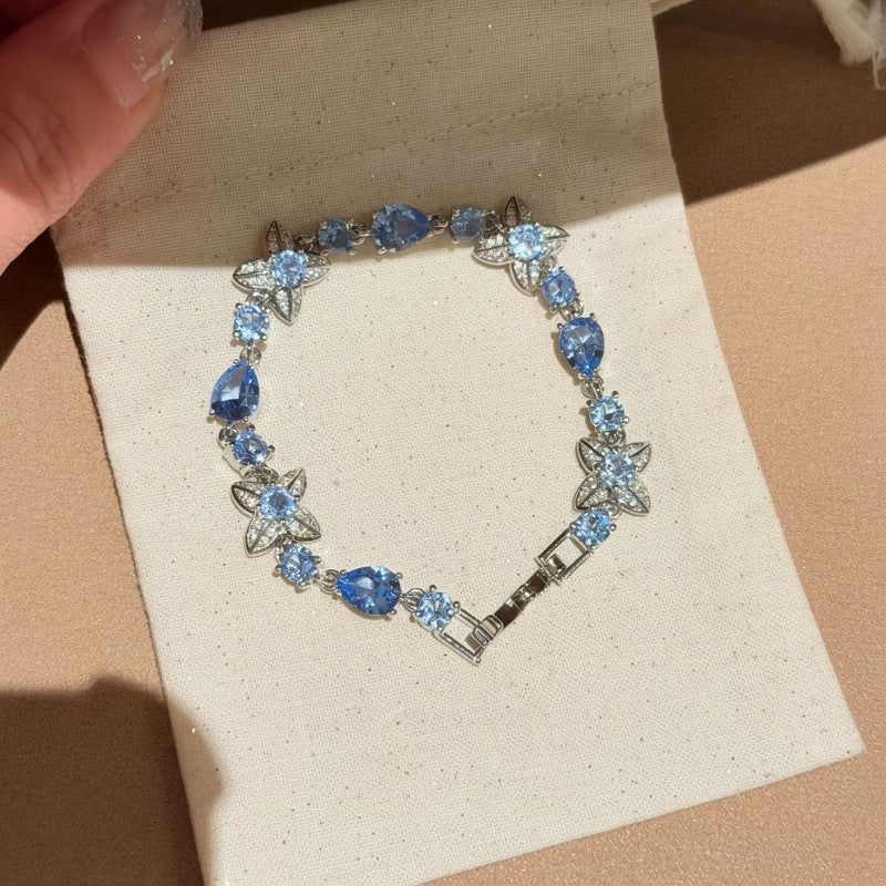 春夏小清新藍色閃鉆花朵手鏈甜美清冷風手串簡約百搭高級感手飾女