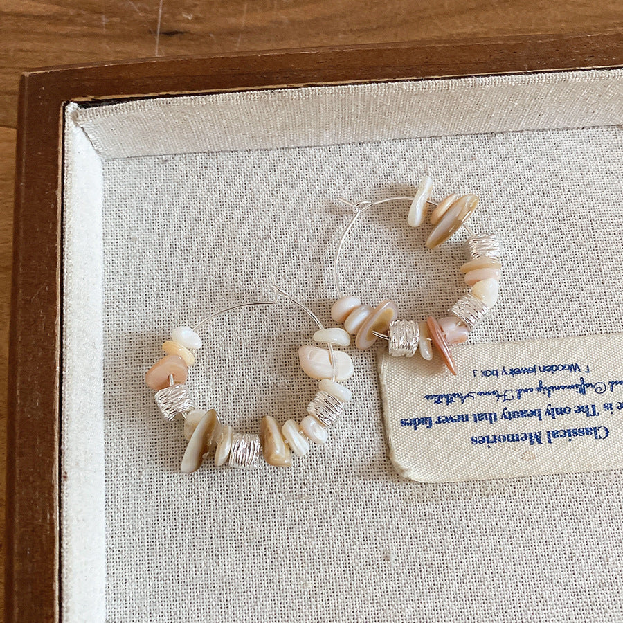 海鹽奶蓋~不規則貝殼石頭串珠耳圈森系波西米亞風耳環設計感耳飾