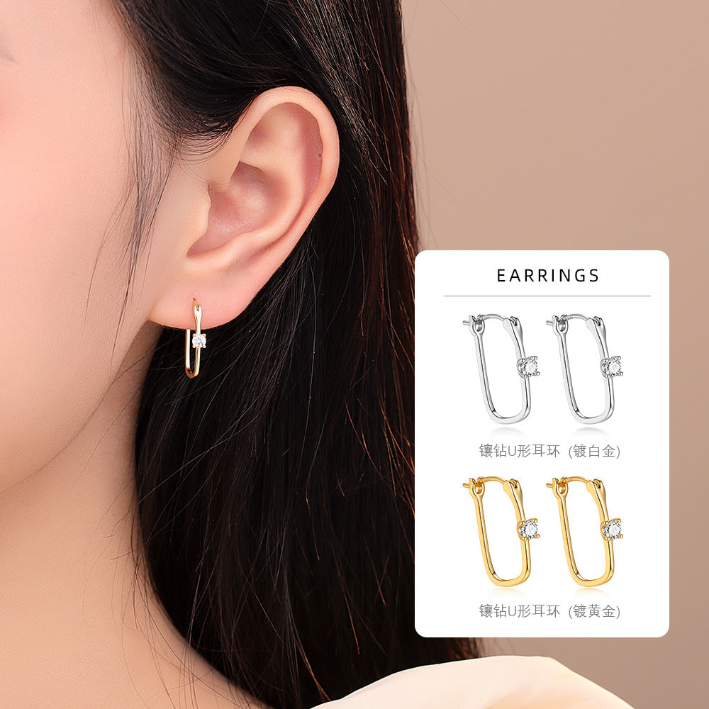 S925 光面單鑽U形耳環歐美輕奢風時尚個性百搭鍍K金養耳洞耳扣