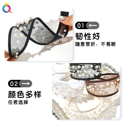 珍珠網紗簡約髮箍－第二視角實拍｜https://igowo.tw/