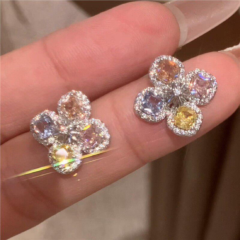 韓版彩色鋯石四葉花朵耳釘小眾時尚氣質耳環輕奢高級感耳飾設計感
