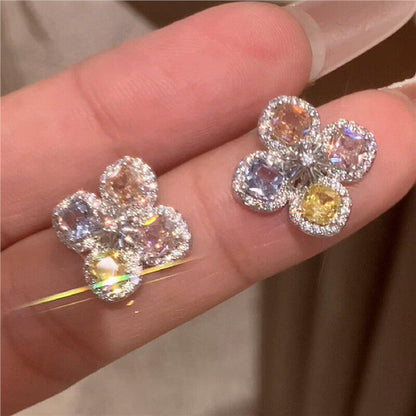 韓版彩色鋯石四葉花朵耳釘小眾時尚氣質耳環輕奢高級感耳飾設計感