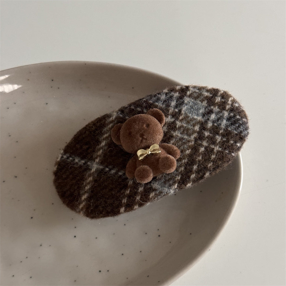 棕色絨面格紋小熊髮夾