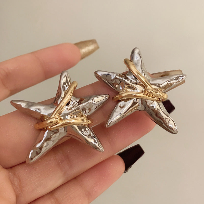 歐美復古褶皺纏繞金屬星星耳釘小眾高級感耳環日常通勤百搭耳飾女