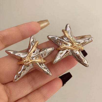 歐美復古褶皺纏繞金屬星星耳釘小眾高級感耳環日常通勤百搭耳飾女