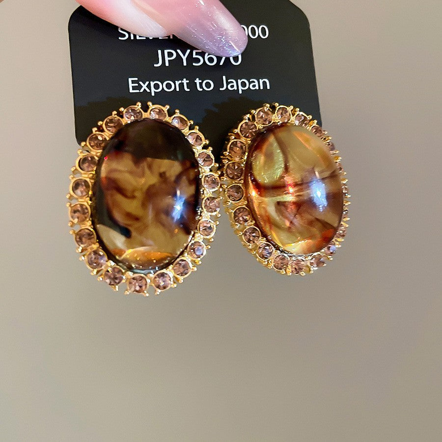 銀針樹脂虎眼石幾何吊墜耳環復古美拉德風耳釘時尚小眾設計感耳飾