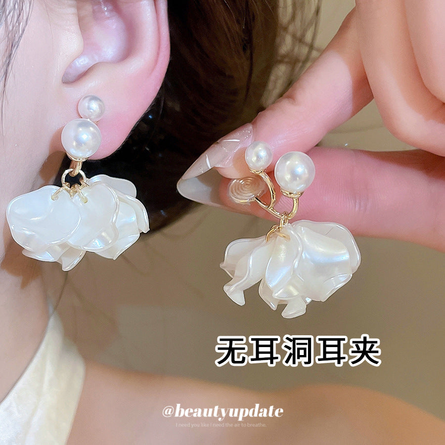 法式復古花瓣珍珠耳夾女無耳洞輕奢高級感耳環設計感小眾氣質耳飾