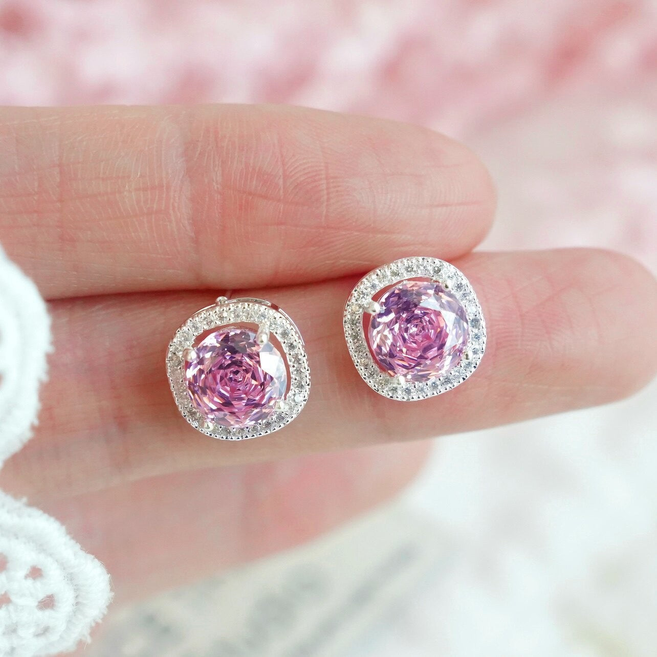 清新甜美粉色系鋯石幾何耳釘精致優雅日常百搭耳環輕奢高級感耳飾
