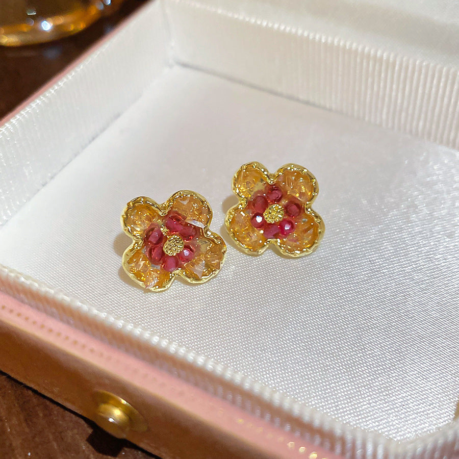 春季新款花朵水晶耳釘精致甜美氣質耳環輕奢高級感耳飾設計感小眾