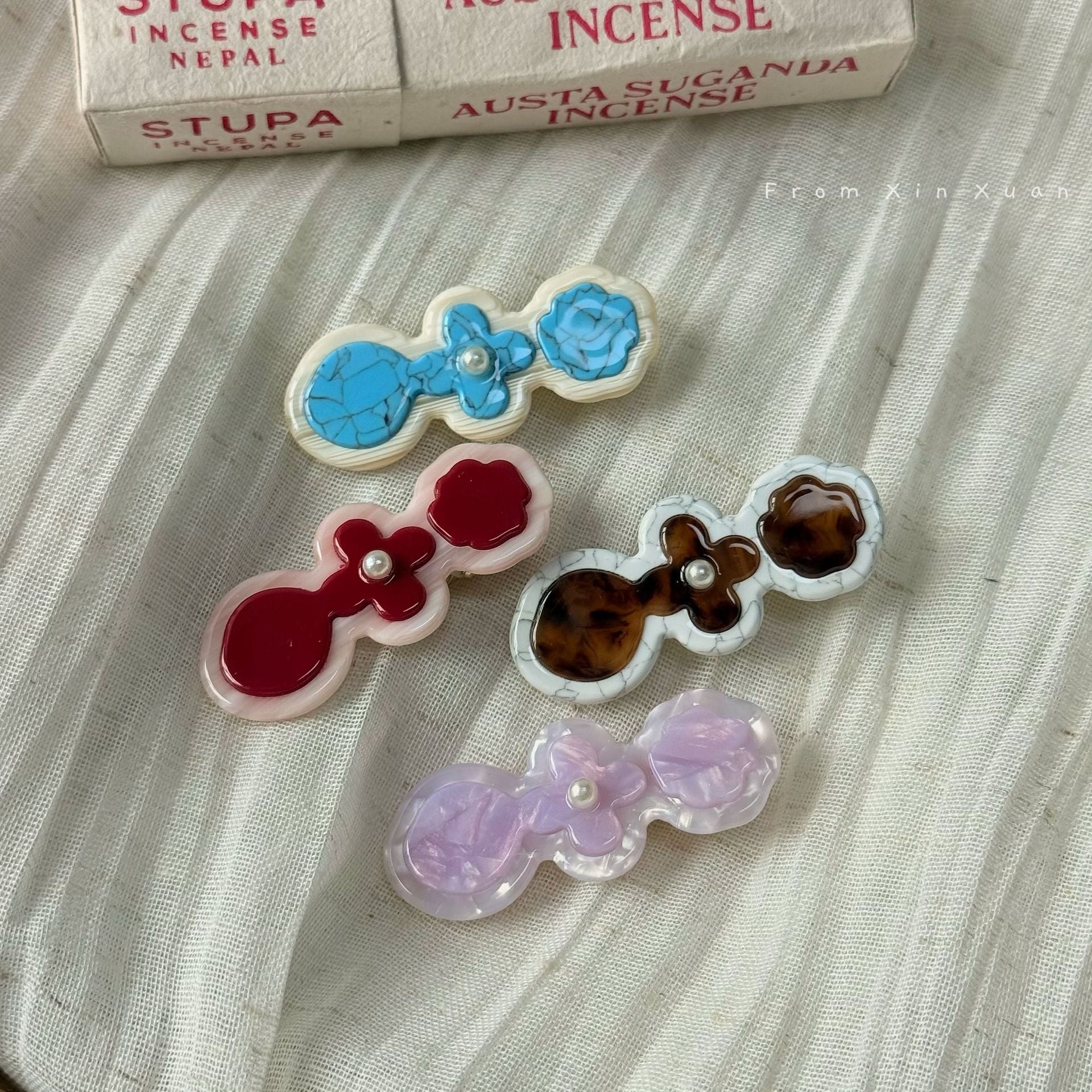 彩色醋酸板材花朵髮夾－玳瑁款細節｜https://igowo.tw/
