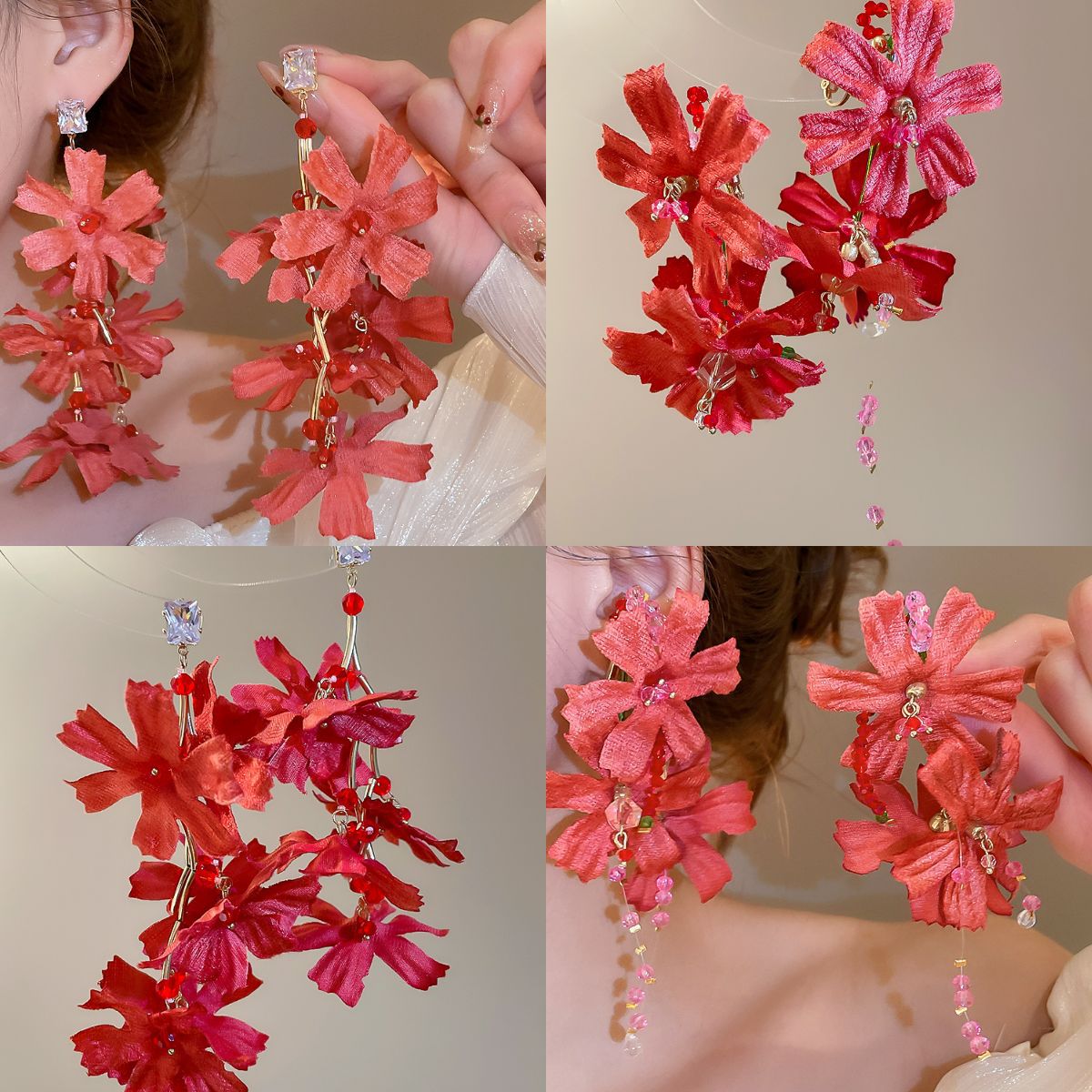 銀針布藝花朵水晶流蘇耳釘輕奢高級感耳墜甜美耳環度假風夸張耳飾