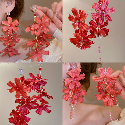銀針布藝花朵水晶流蘇耳釘輕奢高級感耳墜甜美耳環度假風夸張耳飾
