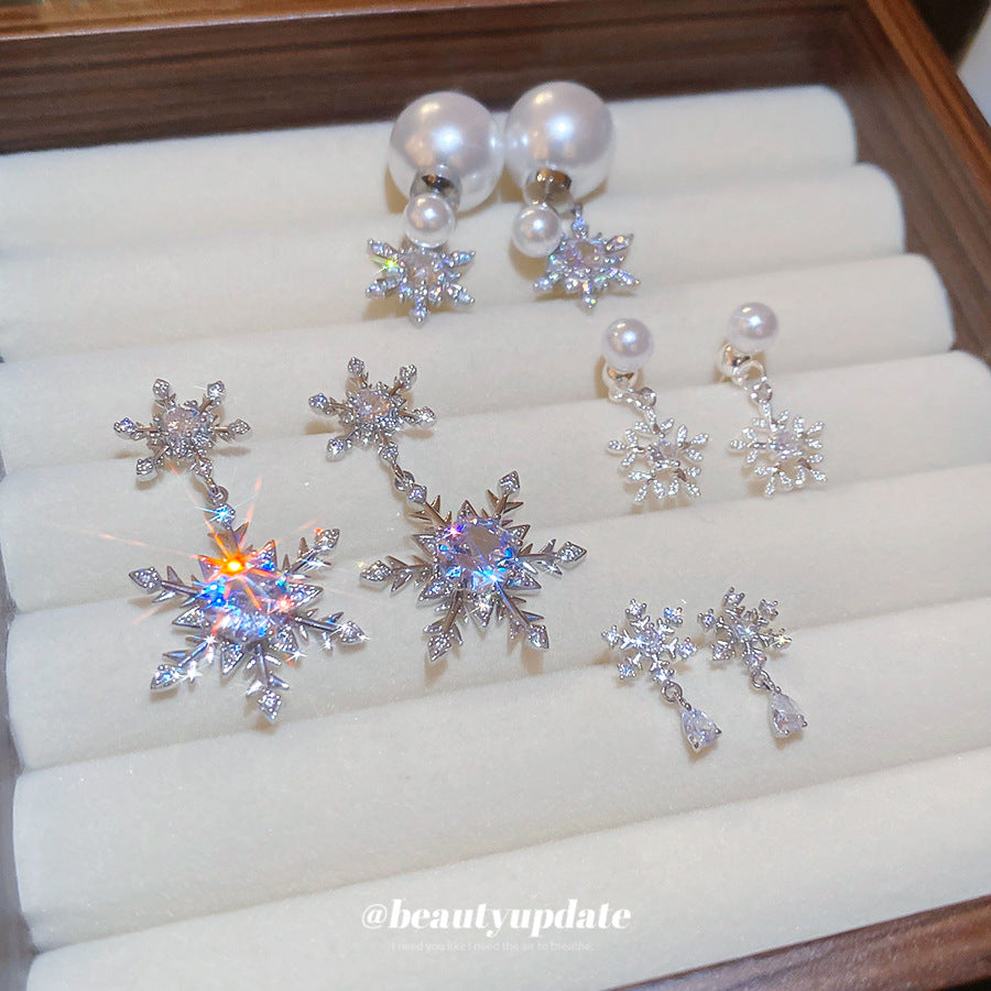 銀針鋯石雪花水滴珍珠耳釘秋冬高級感輕奢小眾耳環優雅氣質耳飾女