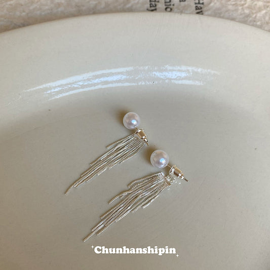 【銀河瀑布】珍珠耳夾無耳洞兩戴流蘇長款耳環獨特氣質蚊香盤耳飾 銀河瀑布珍珠耳針