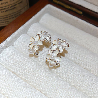 銀針滴油花朵C形珍珠耳釘小眾高級感耳環超仙絕美優雅氣質耳飾女