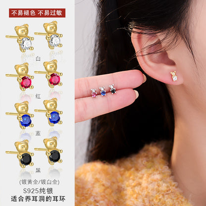 S925 可愛鋯石小熊耳釘2025新女簡約迷你小巧鍍18K金耳飾