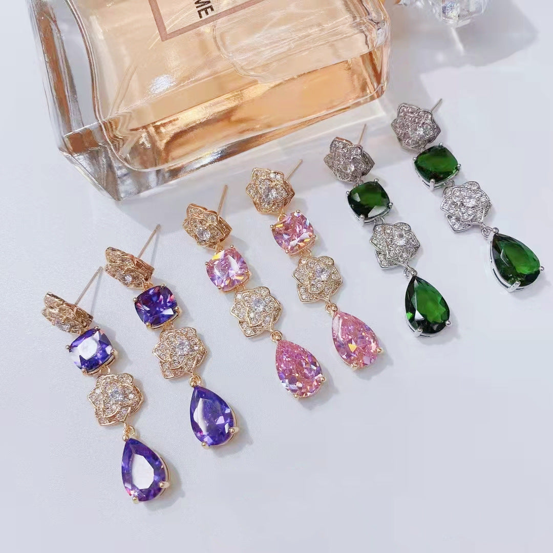 S925彩色鋯石花朵水滴耳釘－紫色款實拍｜https://igowo.tw/