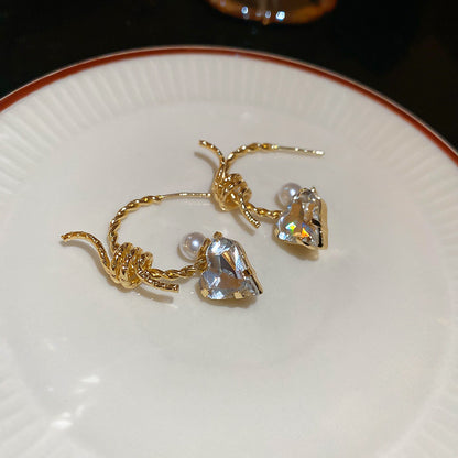 銀針鑲鉆愛心C形珍珠耳環法式復古個性時尚耳環輕奢高級感耳飾女