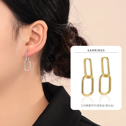 S925 光身方形雙環十字形耳扣日韓時尚氣質鍍K金輕奢女小耳環