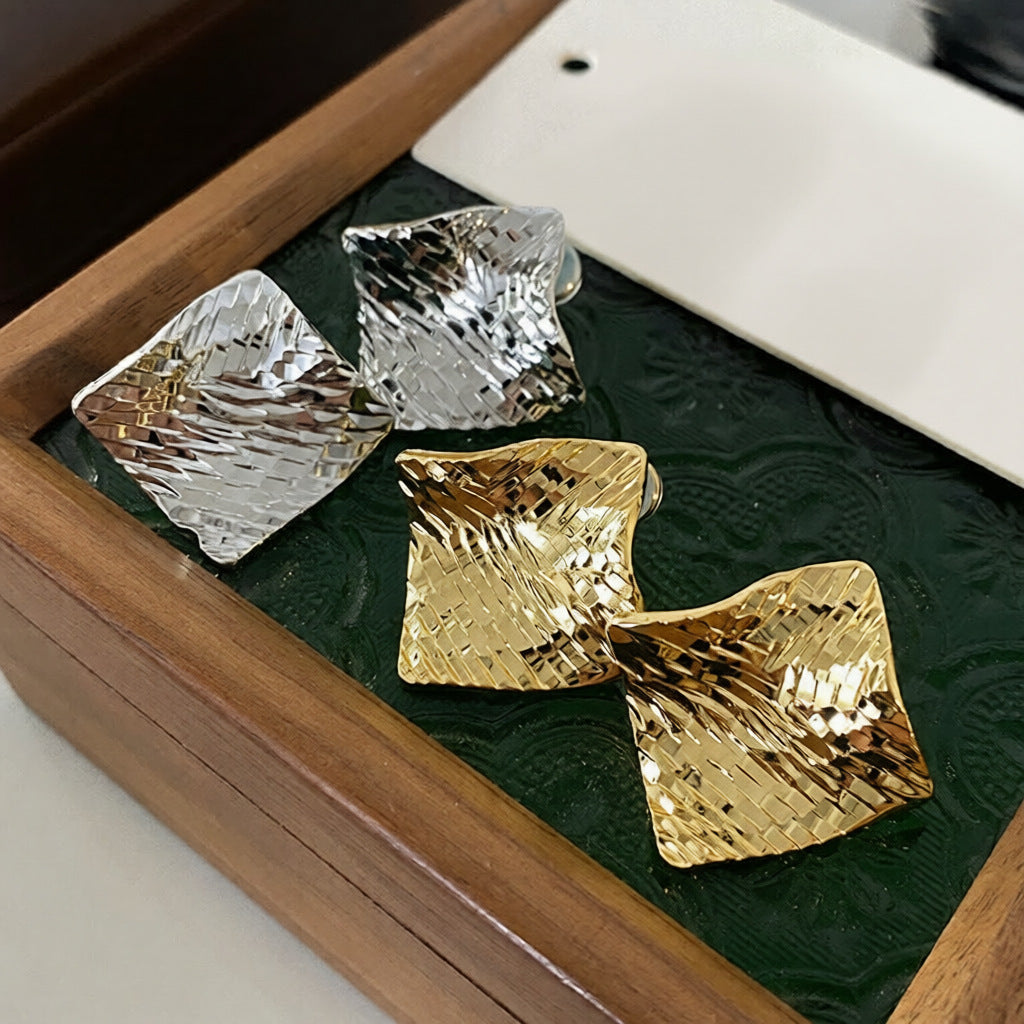 真金電鍍銀針菱形金屬紋路耳釘個性潮流百搭耳環設計感小眾耳飾女