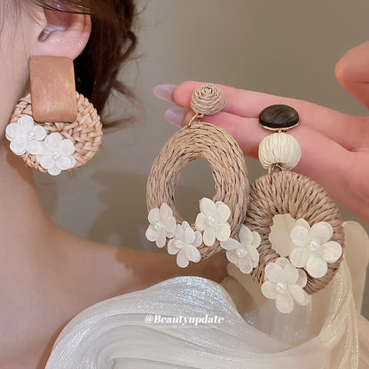 銀針方形木片圓形藤編布藝花朵珍珠耳環度假風耳釘小眾設計感耳飾