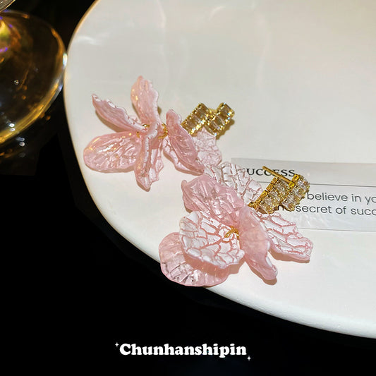 粉色貝殼花瓣流蘇耳夾無耳洞耳飾輕奢小眾春夏甜美耳釘時尚耳環女 粉色花瓣耳針