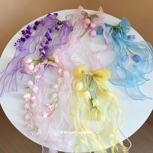 花花仙子~雪紡蝴蝶結發夾森系超仙甜美鴨嘴夾巨好看度假風氣飾女