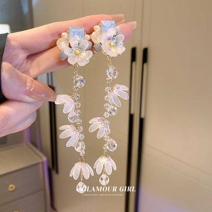 銀針人造珍珠水晶款花朵流蘇耳環少女心甜美耳釘耳墜小清新耳飾女