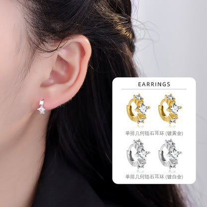 S925 單排鑲鑽幾何耳環女歐美外貿冷淡風方形鋯石氣質耳圈