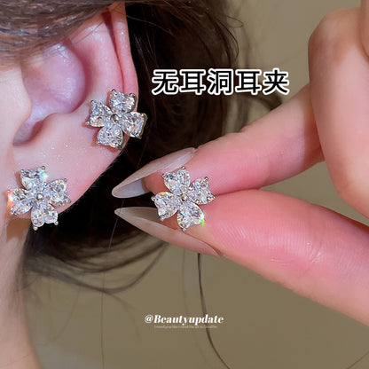 淡顏天菜~閃耀鋯石花朵耳夾女無耳洞輕奢高級感耳釘甜美風耳飾女