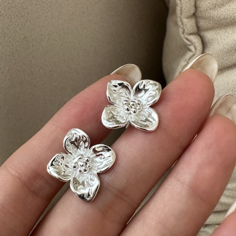 S925純銀韓版小花時尚復古耳環韓版韓式風簡約復古耳飾品銀飾