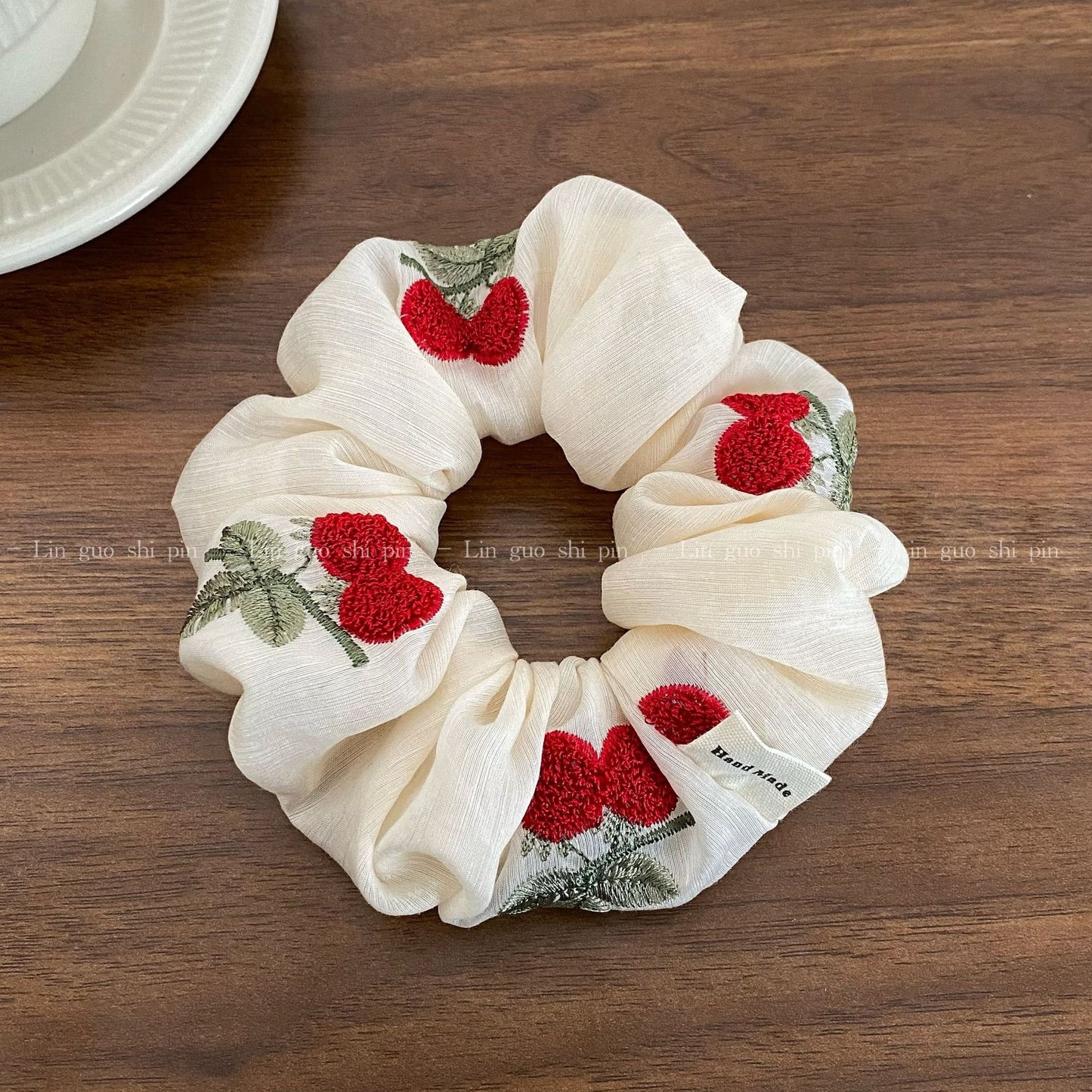 蕾絲櫻桃刺繡髮圈