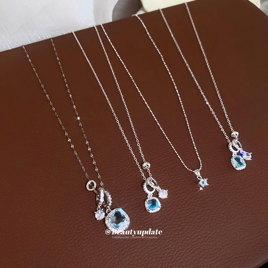 鋯石星星項鍊－項鍊-銀色-藍色-方形款細節｜https://igowo.tw/