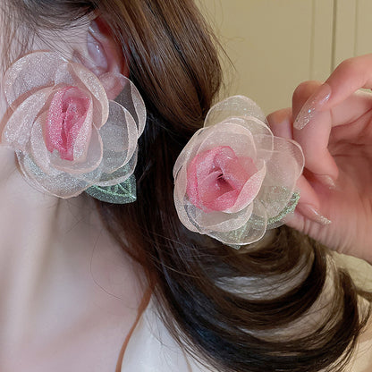 銀針超仙氛圍感網紗彩花珍珠耳環森系百搭耳墜少女心甜美清新耳飾