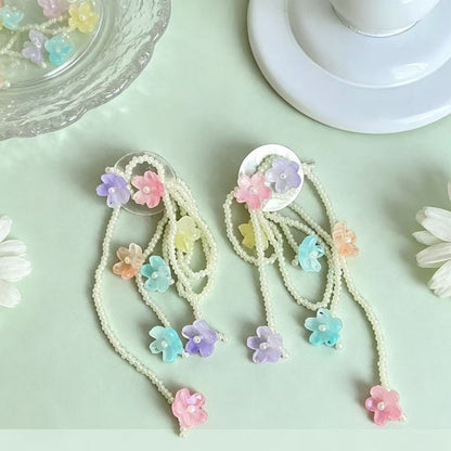 水晶花朵流蘇耳環