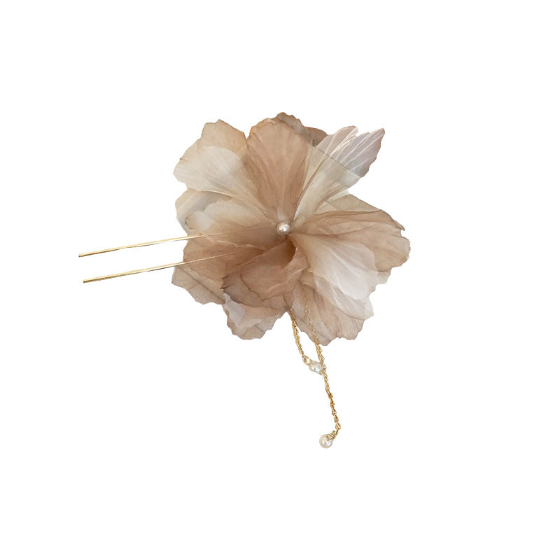珍珠布面花朵流蘇髮簪－髮簪-莫蘭迪色款細節｜https://igowo.tw/