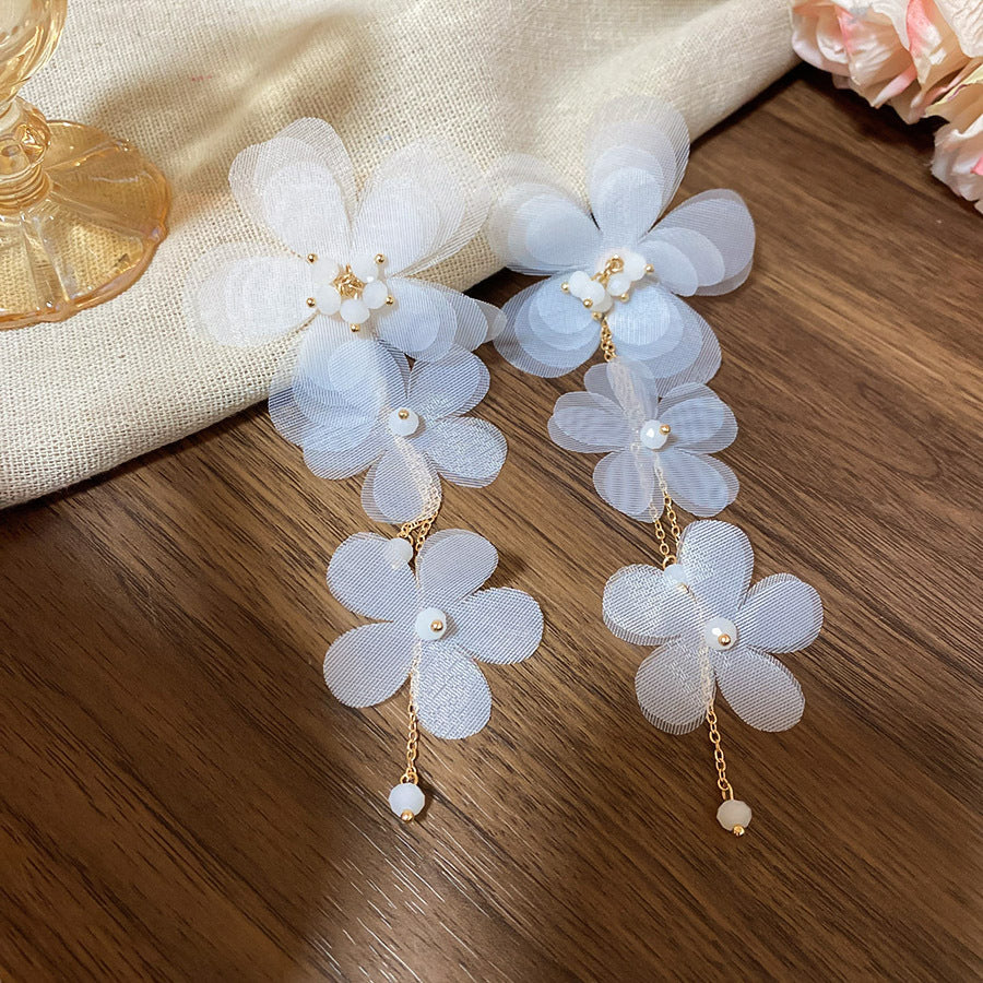 布藝雪紡花流蘇耳環女甜美溫柔氣質耳釘輕奢高級感耳飾設計感小眾