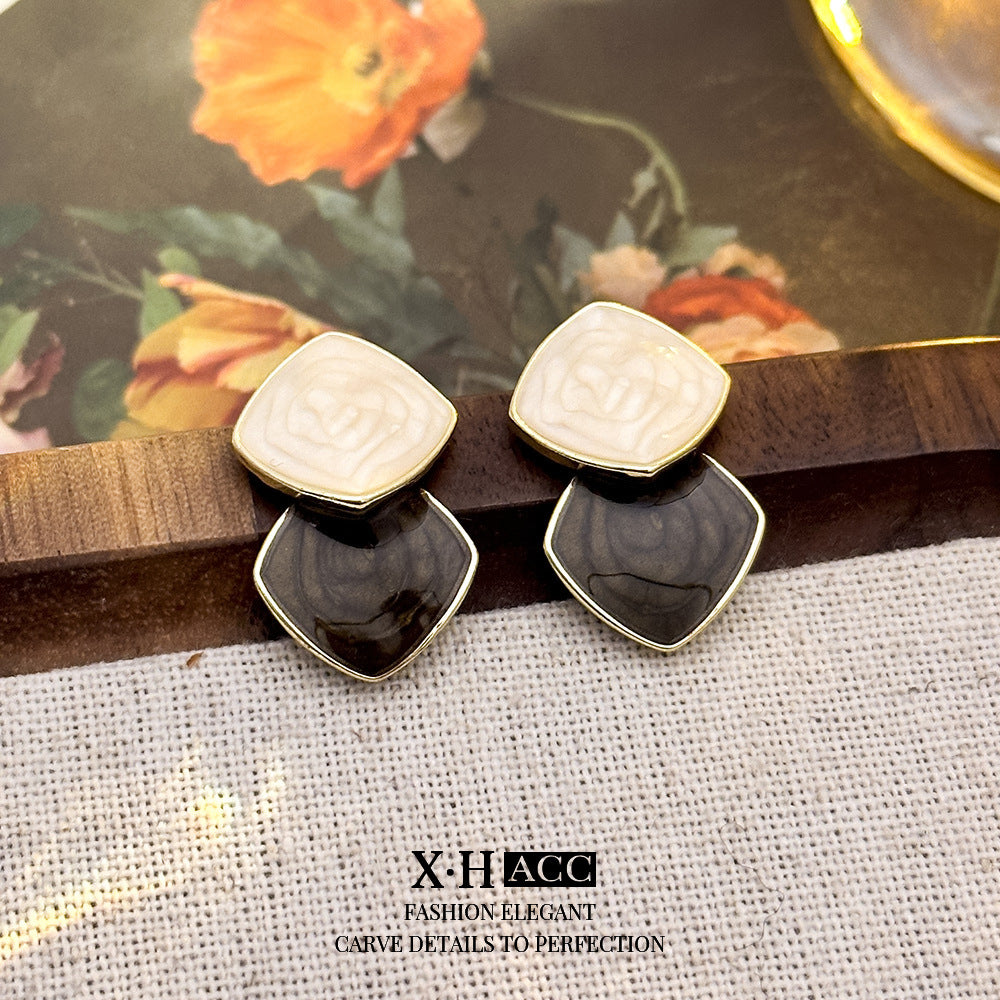 撞色琺瑯菱形復古耳釘－銀針-藍色-幾何款實拍｜https://igowo.tw/